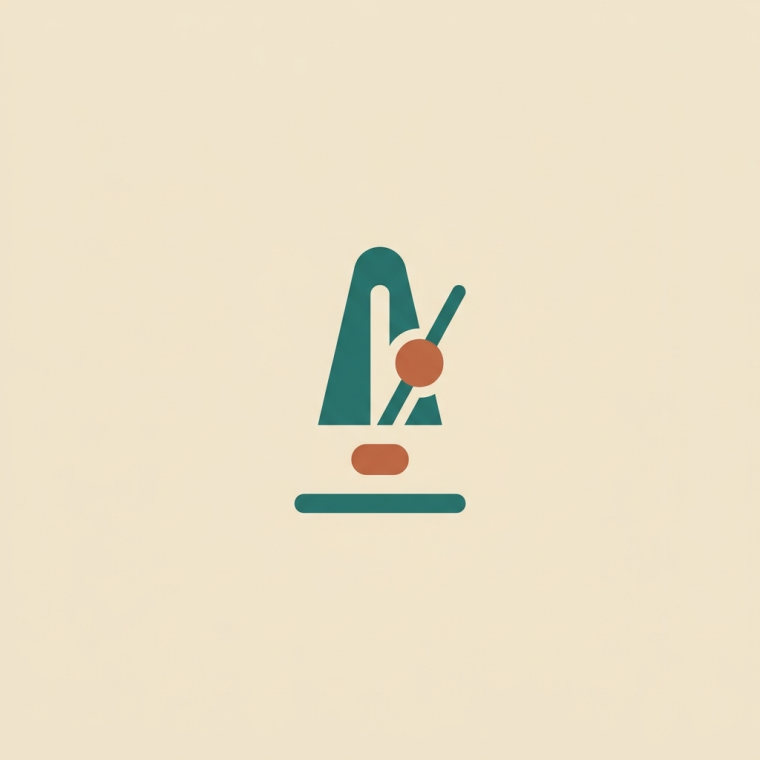 A flat illustration of a teal metronome with a vermilion weight, on a pale cream field.