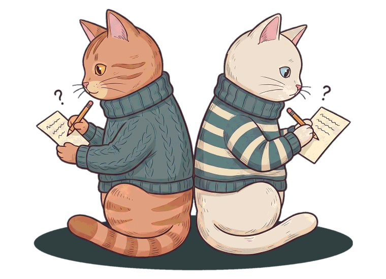 Two illustrated cats sitting back to back, each privately writing on a small card.