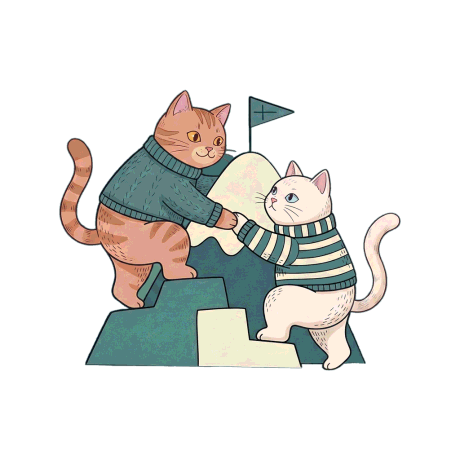 Two illustrated cats climbing a stepped teal podium, one hauling the other up by the paw, with a small flag at the summit.