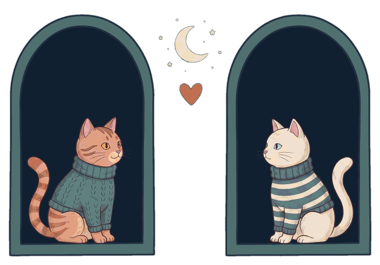 Two illustrated cats in separate arched windows on opposite sides of the frame, looking toward each other under a crescent moon.