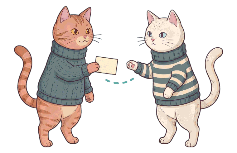 Two illustrated cats standing a little apart, one holding out a small card to the other, with a dashed line arcing between them.