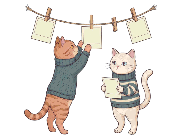 Two illustrated cats pegging small photographs onto a sagging line of twine.