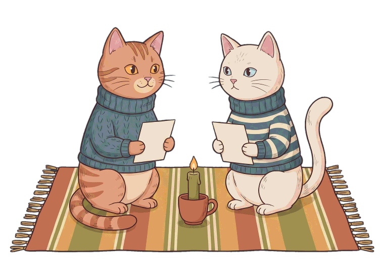 Two illustrated cats sitting facing each other on a striped rug with a lit candle between them, each holding a small card.
