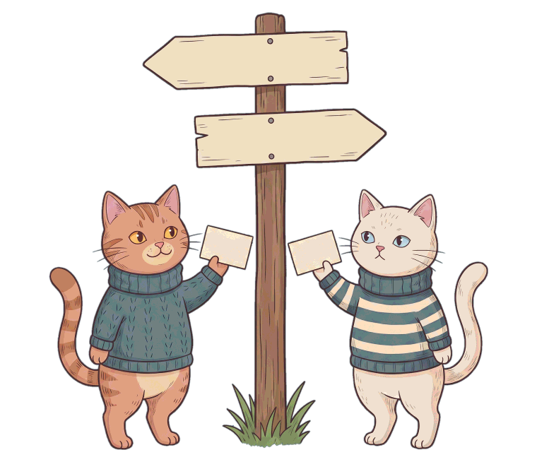 Two illustrated cats standing either side of a signpost whose two arrows point in opposite directions.