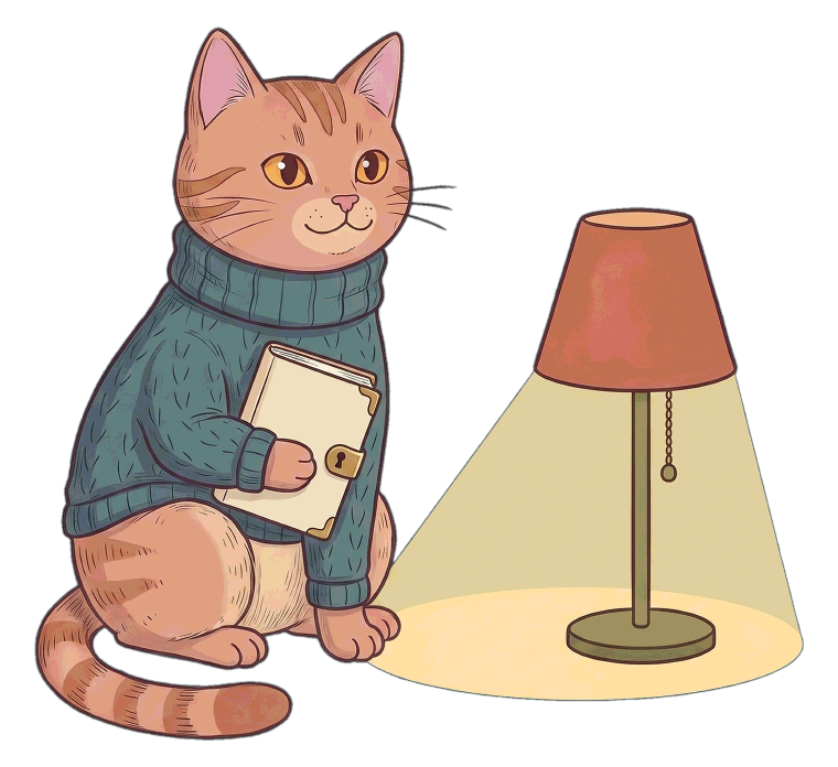 A single illustrated cat sitting and holding a small clasped notebook to its chest, beside a lit reading lamp.