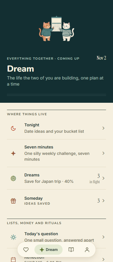 The Wamo Dream screen. Two labelled sections of ruled rows listing the things the couple is planning, each with a live count.