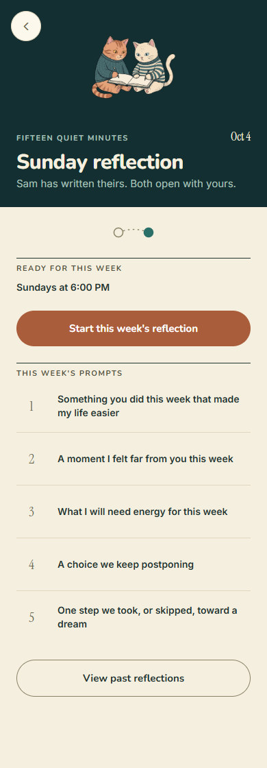 The Wamo Reflection screen, showing five numbered weekly prompts as plain ruled rows.