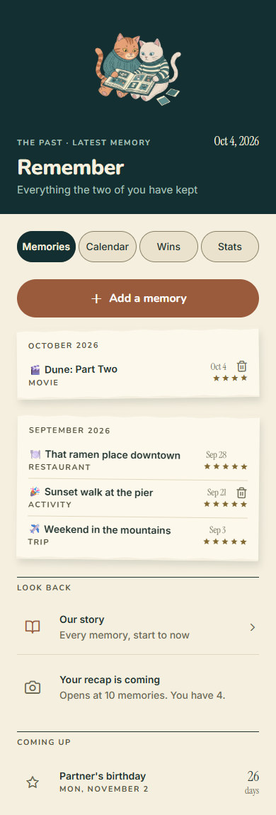 The Wamo Remember screen. The Memories, Calendar, Wins and Stats segments sit above torn paper sheets of rated memories grouped by month, with a birthday countdown below.